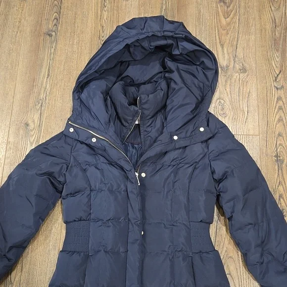 Cole Haan | Long Navy Hooded Puffer Coat Size Small - Picture 2 of 12